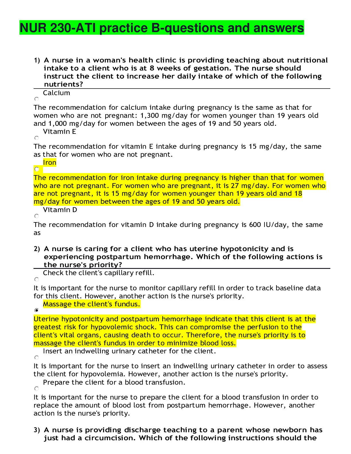 Recommended document preview for NUR 230-ATI practice B-questions and answers